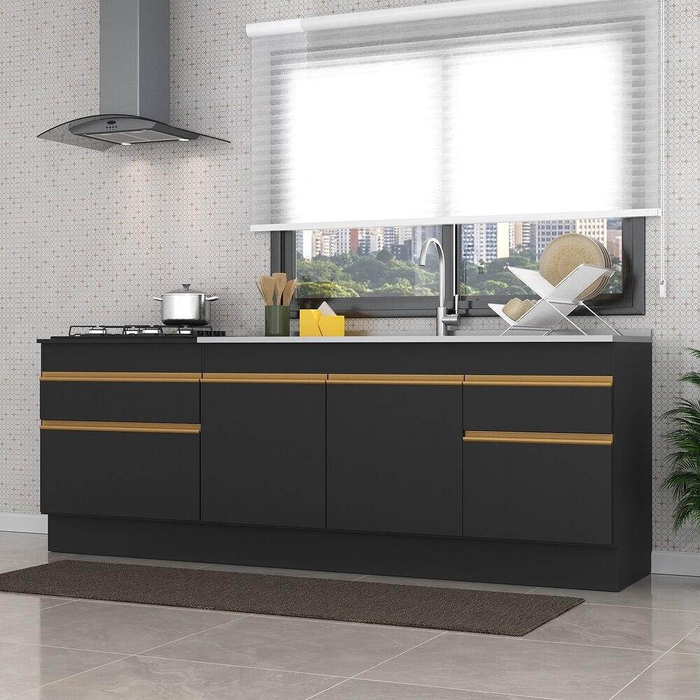 Kit com 2 Balcões de Cozinha 150cm e 70cm com Rodapé Veneza Multimóveis V2108 Preto/Dourado