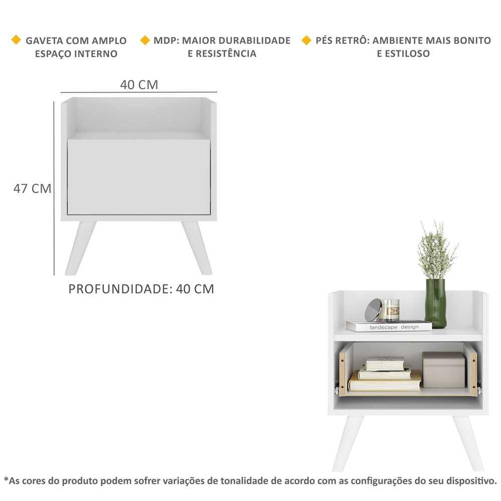 Kit com 2 Mesas de Cabeceira 40 cm com Pés Retrô Multimóveis MP4044 Branca