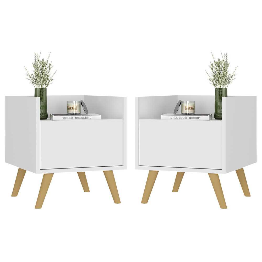 Kit com 2 Mesas de Cabeceira 40 cm com Pés Retrô Multimóveis MP4044 Branca/Natural