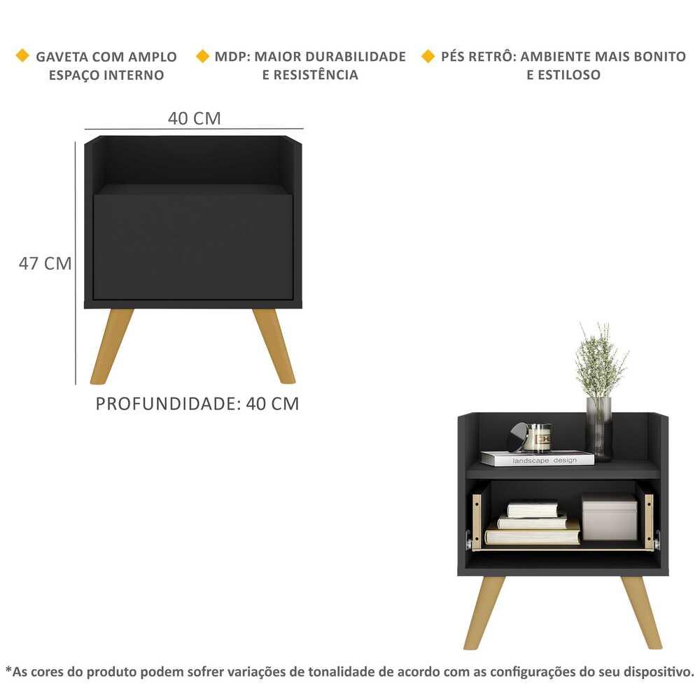 Kit com 2 Mesas de Cabeceira 40 cm com Pés Retrô Multimóveis MP4044 Preta/Natural
