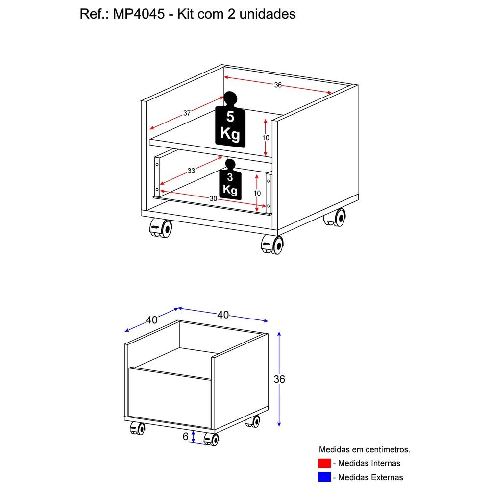 Kit com 2 Mesas de Cabeceira 40 cm com Rodízios Multimóveis MP4045 Branca