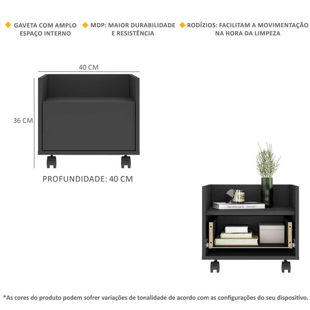 Kit com 2 Mesas de Cabeceira 40 cm com Rodízios Multimóveis MP4045 Preta