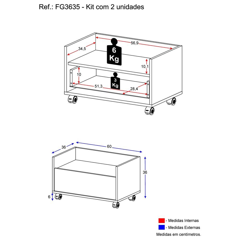 Kit com 2 Mesas de Cabeceira 60 cm com Rodízios Multimóveis FG3635 Branca
