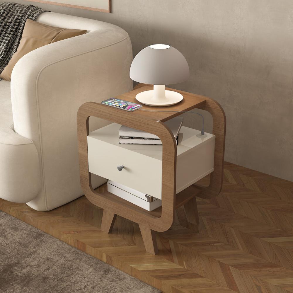 Mesa Lateral com 1 Gaveta e Portas USB Multimóveis CR45304 Cinamomo/Off White
