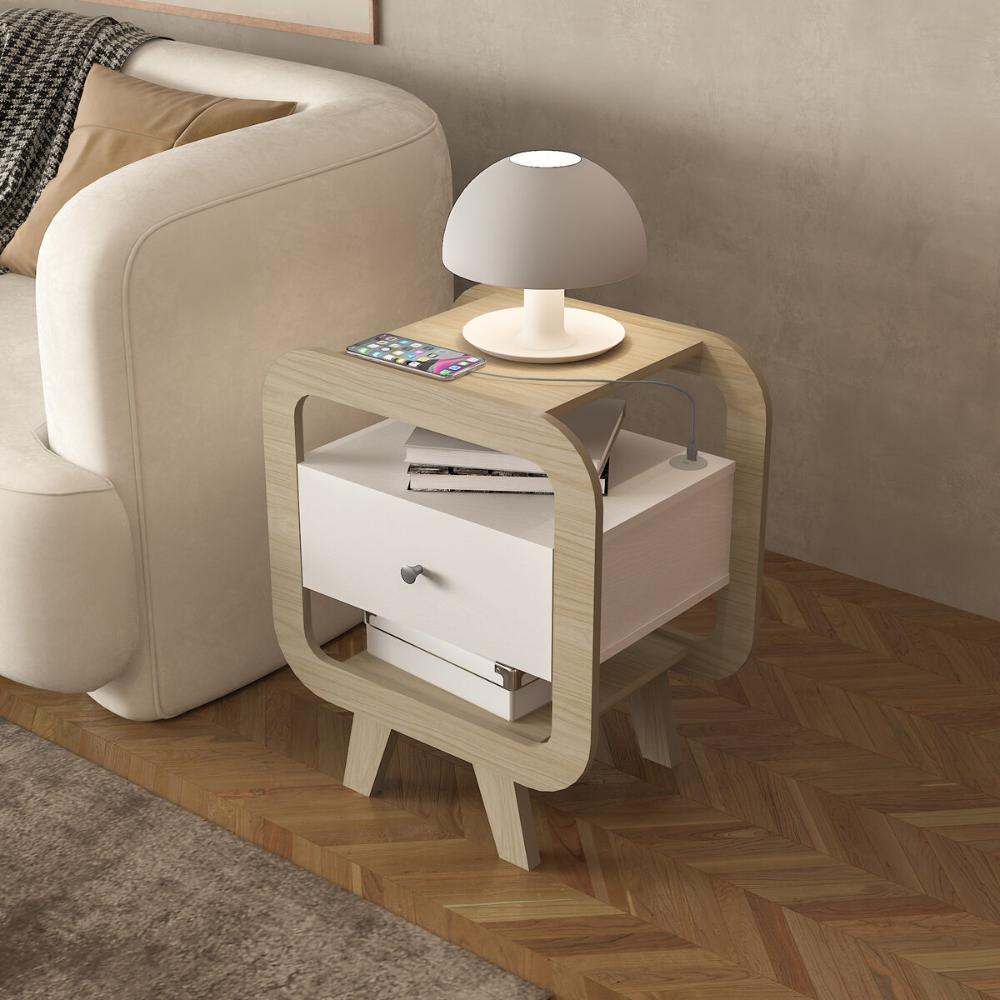 Mesa Lateral com 1 Gaveta e Portas USB Multimóveis CR45304 Naturale/Branco