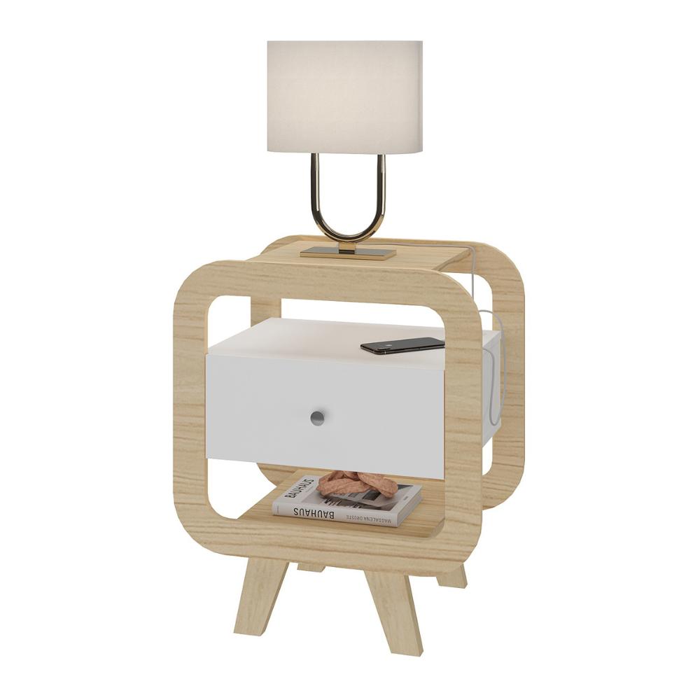 Mesa Lateral com 1 Gaveta e Portas USB Multimóveis CR45304 Naturale/Branco