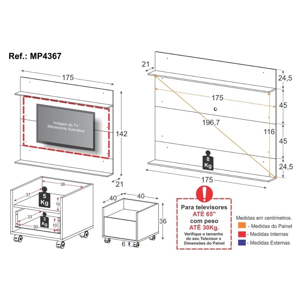 Mesa de Cabeceira 1 Gaveta com Painel para TV Até 65 Polegadas Multimóveis MP4367 Preto