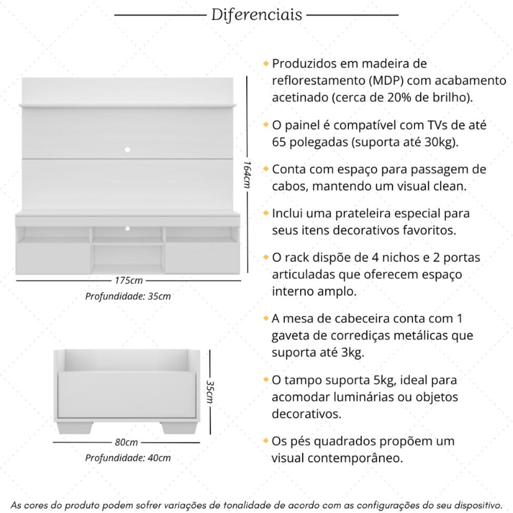 Mesa de Cabeceira 1 Gaveta com Rack com Painel para TV Até 65 Polegadas Multimóveis MP4366 Branco