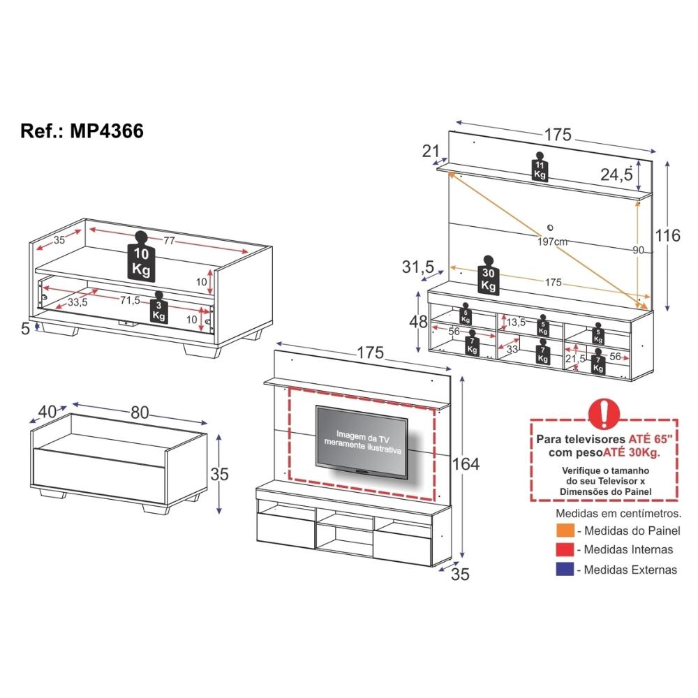 Mesa de Cabeceira 1 Gaveta com Rack com Painel para TV Até 65 Polegadas Multimóveis MP4366 Branco