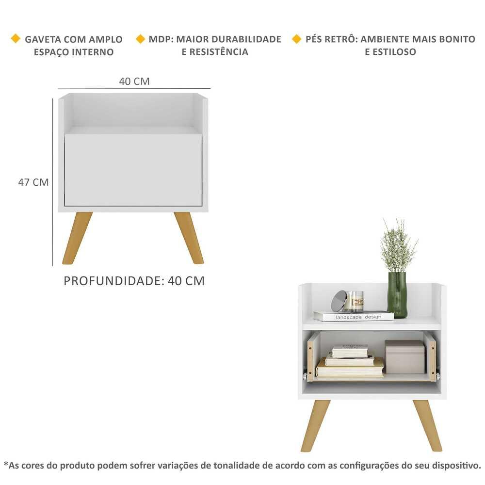 Mesa de Cabeceira 40 cm com Pés Retrô Multimóveis MP4041 Branca/Natural