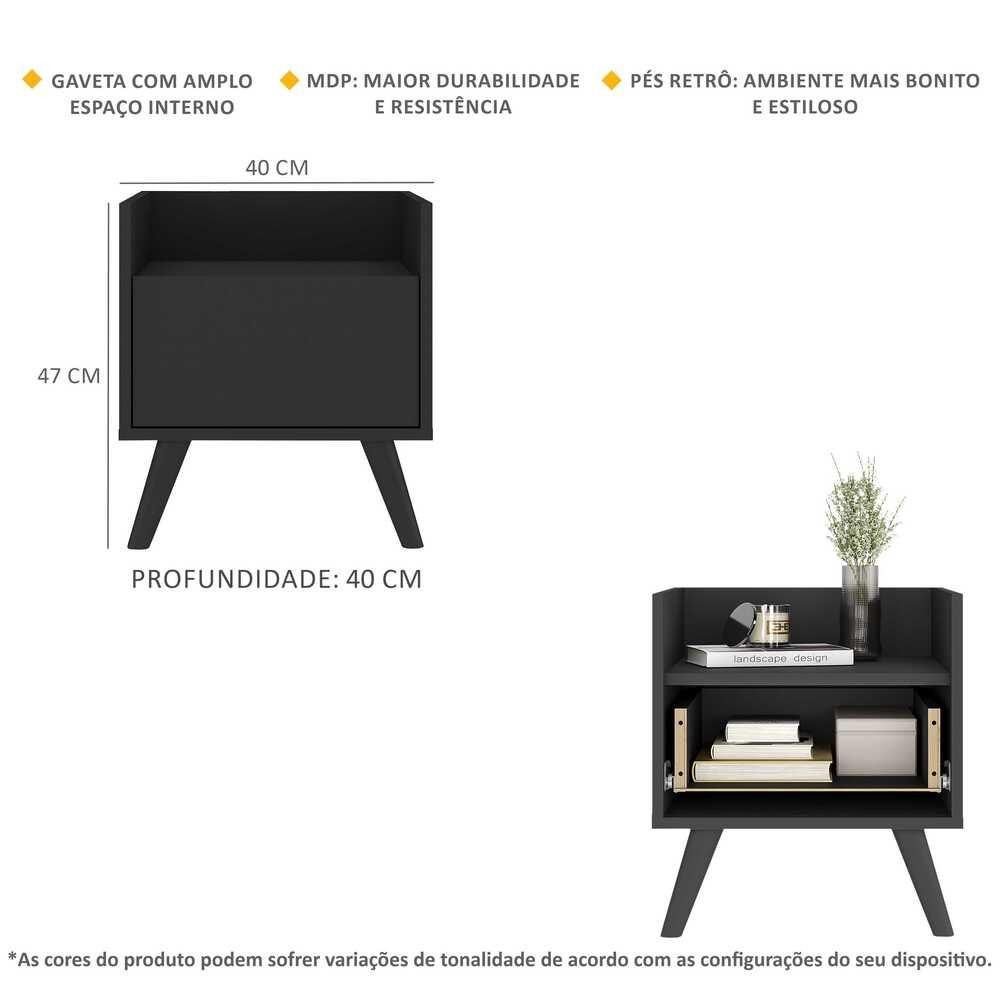 Mesa de Cabeceira 40 cm com Pés Retrô Multimóveis MP4041 Preta