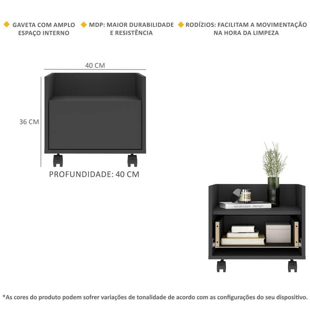 Mesa de Cabeceira 40 cm com Rodízios Multimóveis MP4042 Preta