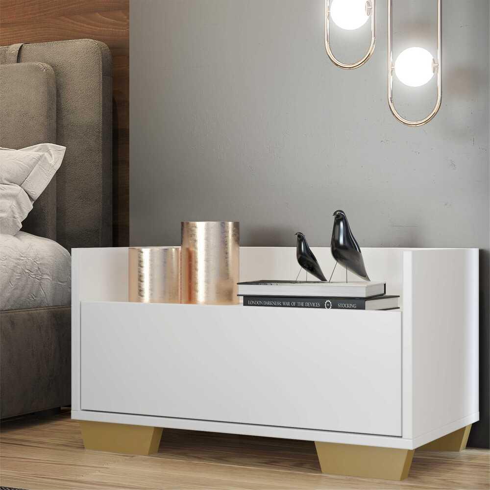 Mesa de Cabeceira 60 cm c/ Pés Quadrados Multimóveis Branca/Natural