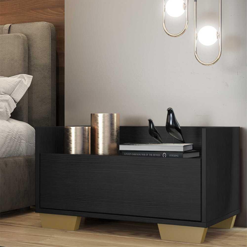 Mesa de Cabeceira 60 cm c/ Pés Quadrados Multimóveis Preta/Natural