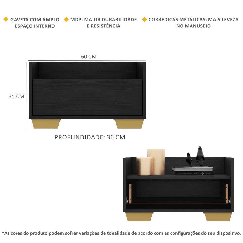 Mesa de Cabeceira 60 cm c/ Pés Quadrados Multimóveis Preta/Natural