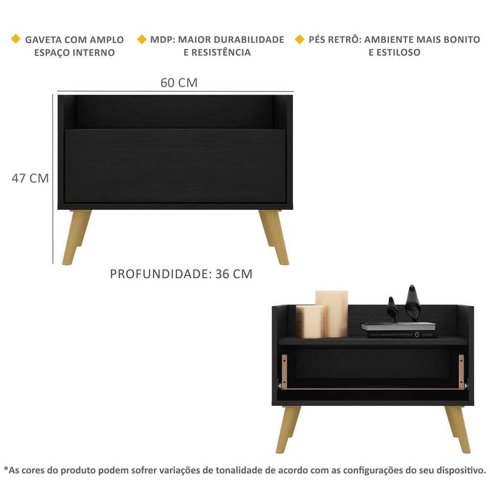Mesa de Cabeceira 60 cm c/ Pés Retrô Multimóveis Preta/Natural