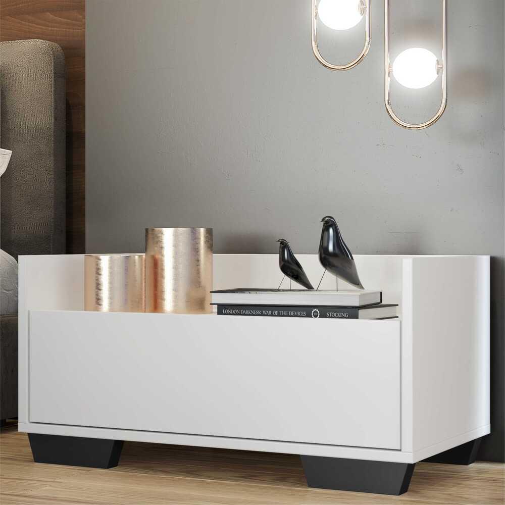 Mesa de Cabeceira 80 cm c/ Pés Quadrados Multimóveis Branca/Preta