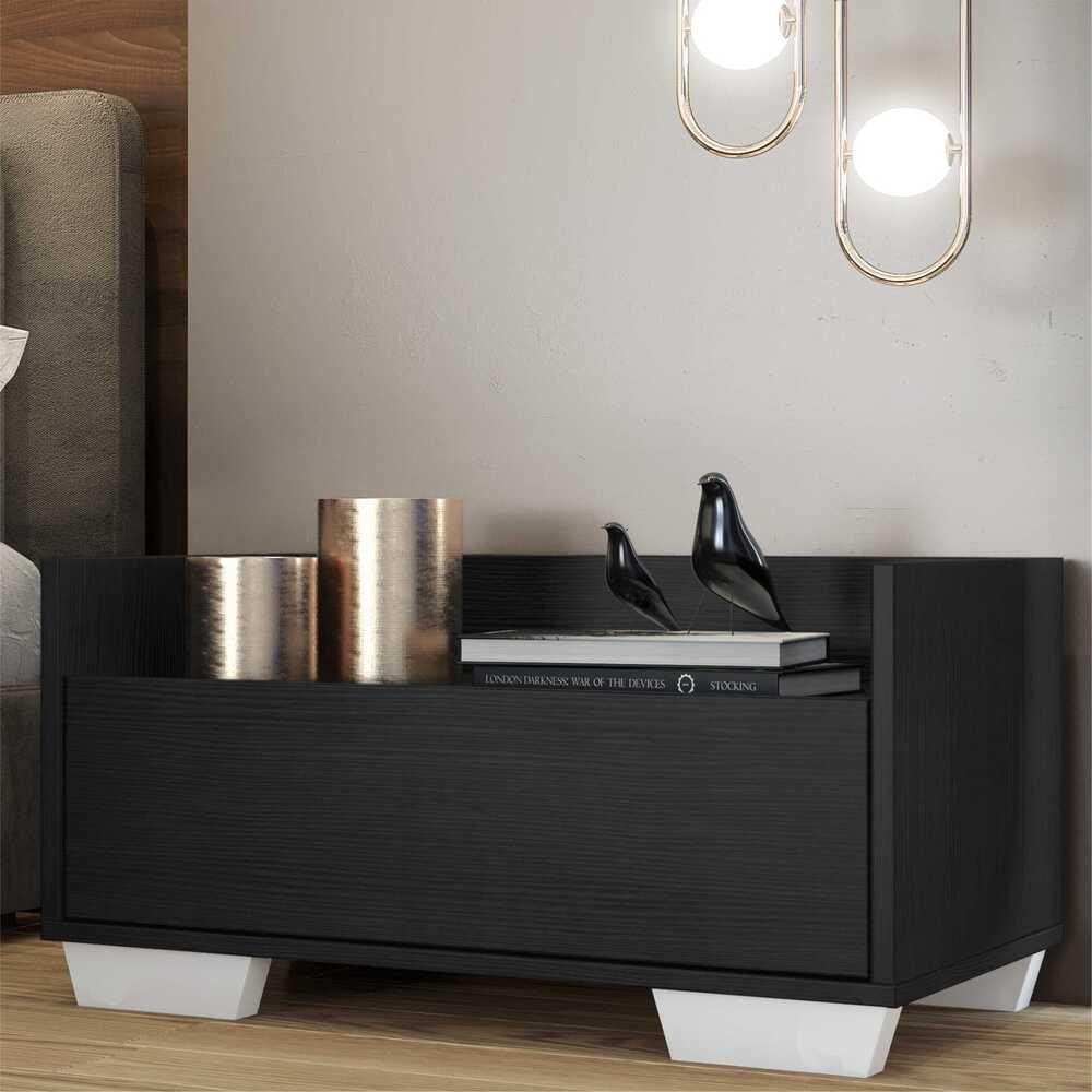 Mesa de Cabeceira 80 cm c/ Pés Quadrados Multimóveis Preta/Branca