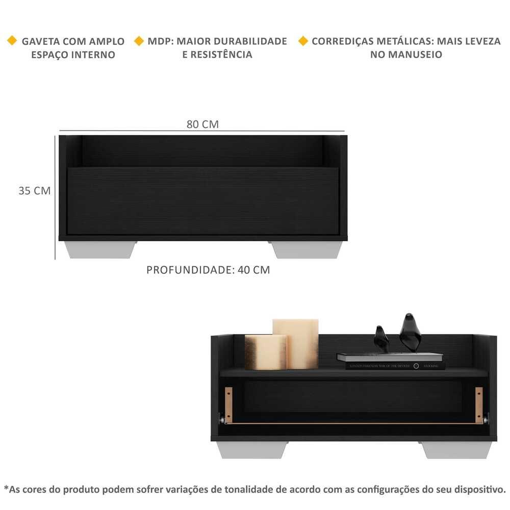 Mesa de Cabeceira 80 cm c/ Pés Quadrados Multimóveis Preta/Branca