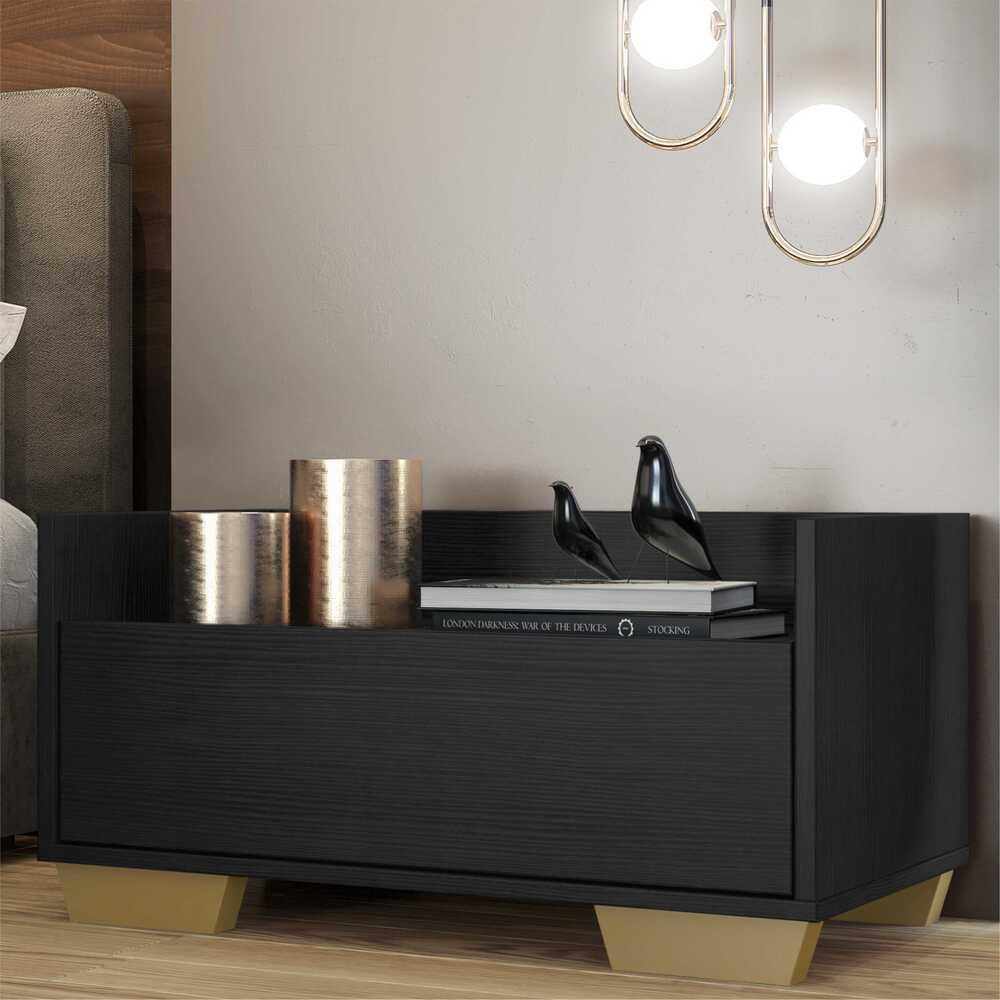 Mesa de Cabeceira 80 cm c/ Pés Quadrados Multimóveis Preta/Natural