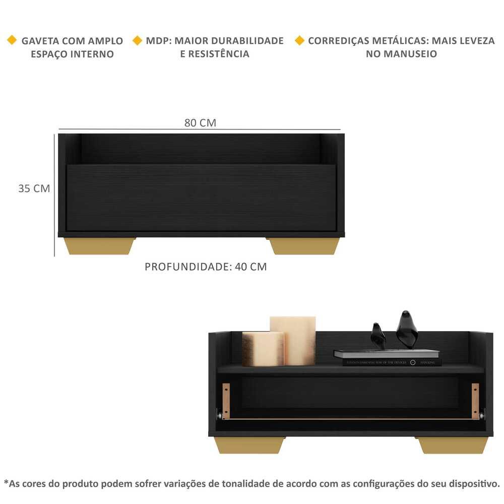 Mesa de Cabeceira 80 cm c/ Pés Quadrados Multimóveis Preta/Natural