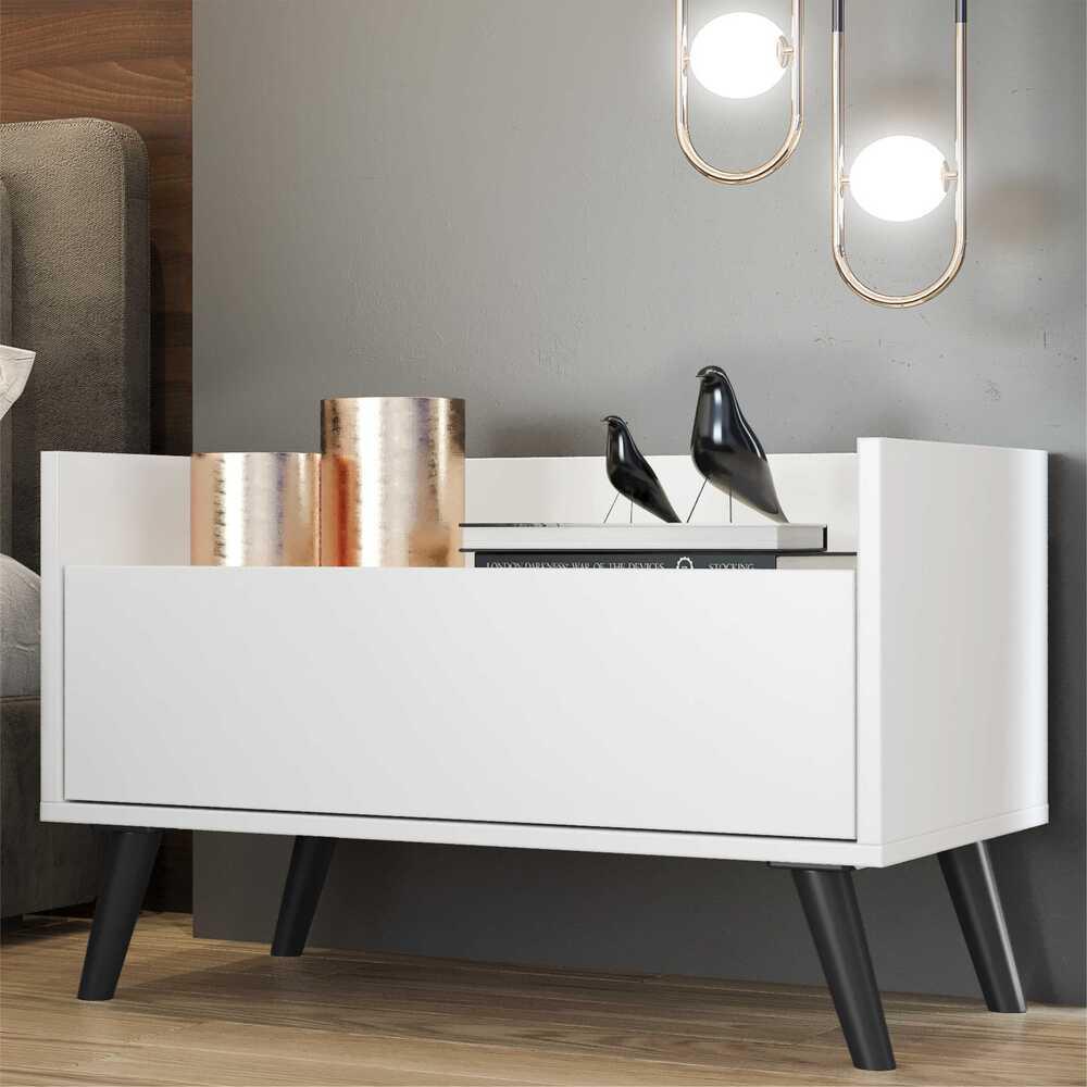 Mesa de Cabeceira 80 cm c/ Pés Retrô Multimóveis Branca/Preta