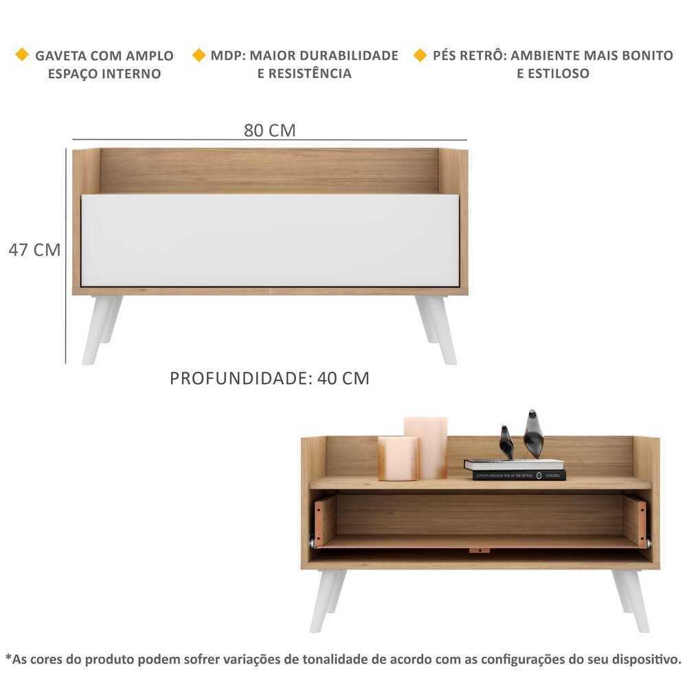 Mesa de Cabeceira 80 cm c/ Pés Retrô Multimóveis Rustic/Branco