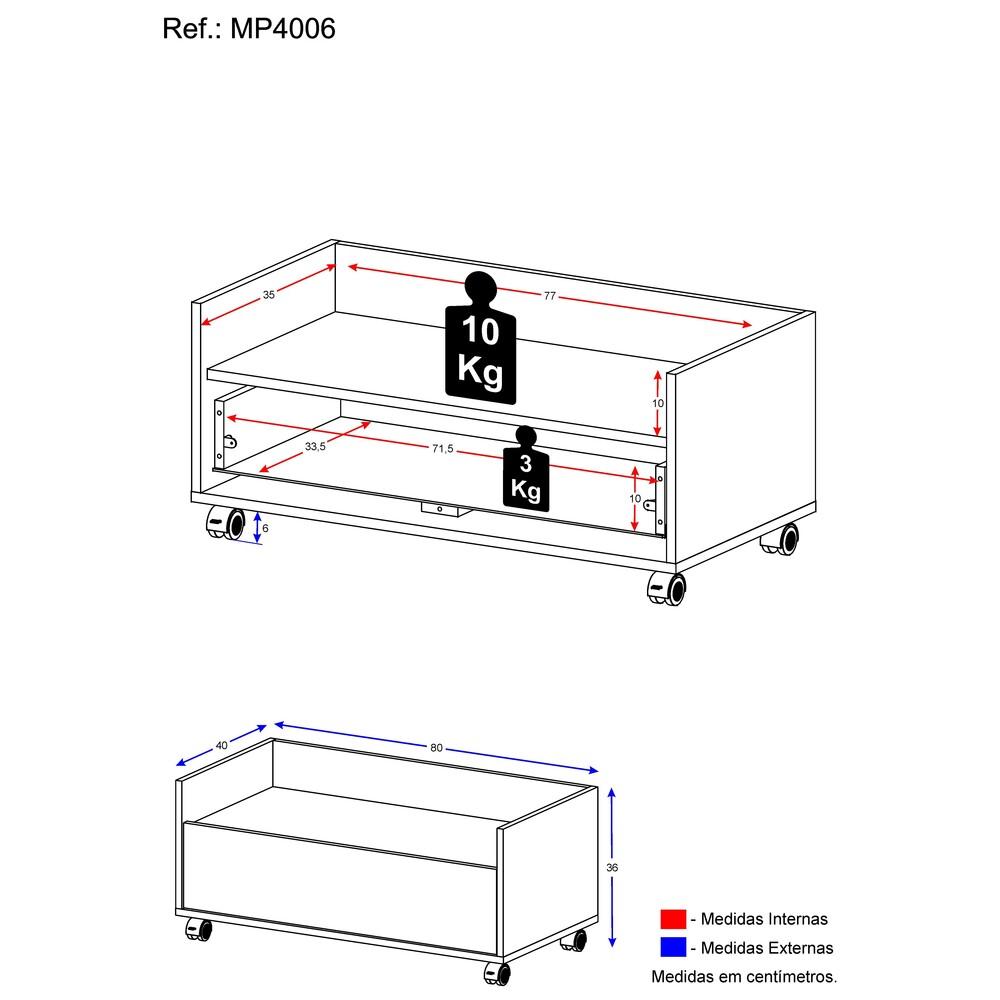 Mesa de Cabeceira 80 cm c/ Rodízios Multimóveis Branca