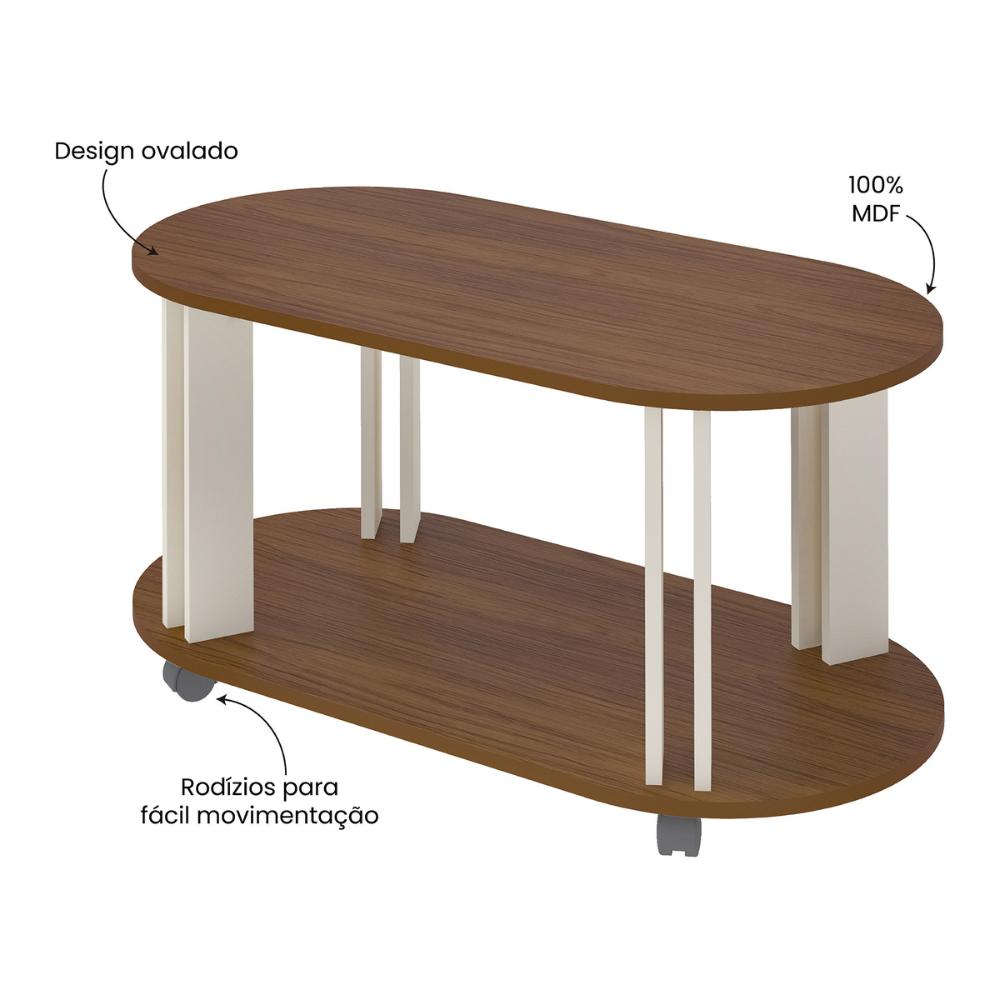 Mesa de Centro Oval 91cm com Rodízios Multimóveis CR45310 Cedro/Off White