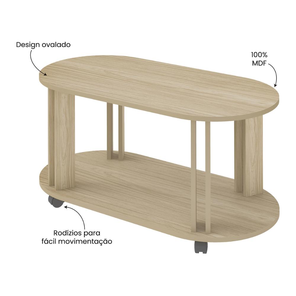 Mesa de Centro Oval 91cm com Rodízios Multimóveis CR45310 Naturale