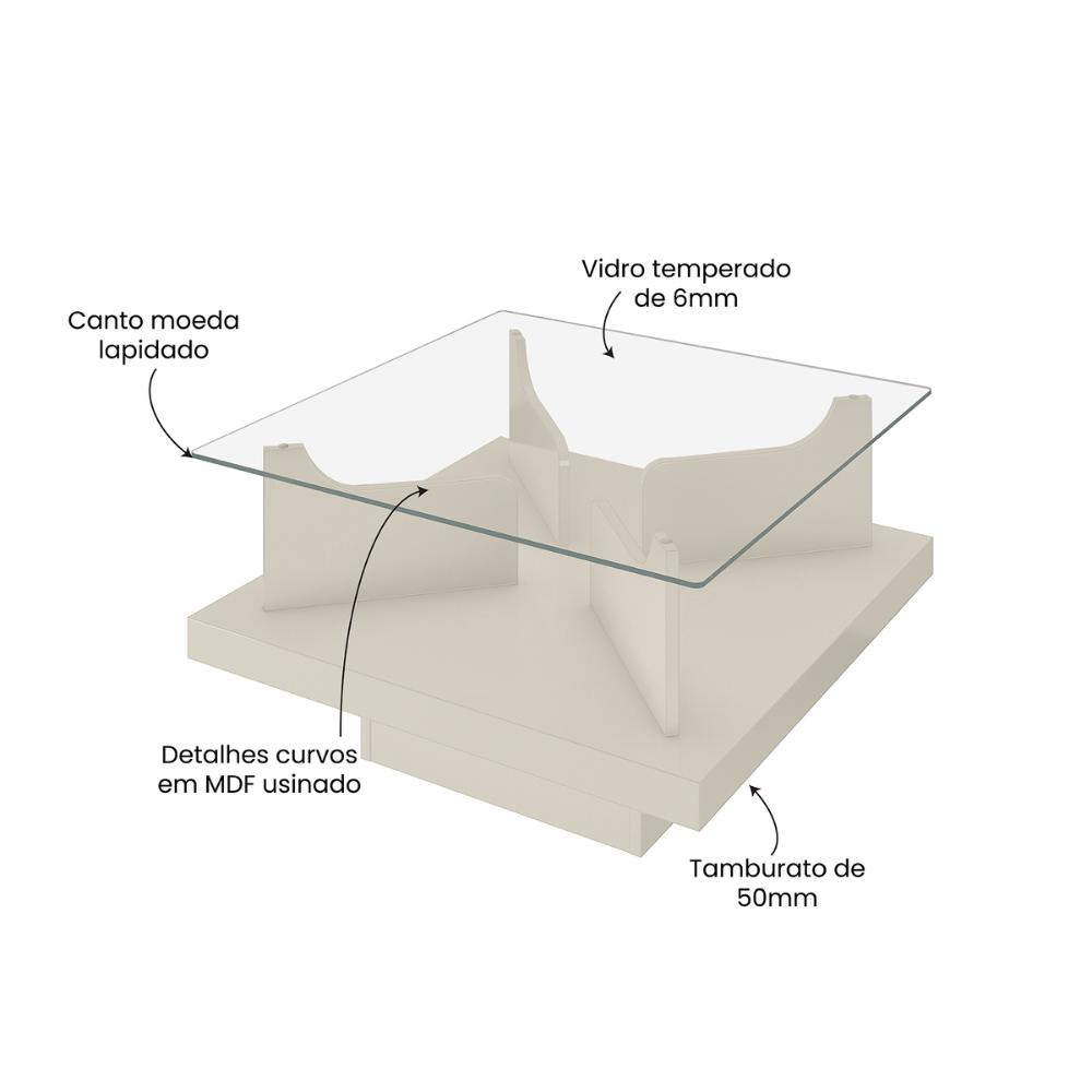 Mesa de Centro Quadrada 70cm com Vidro Multimóveis CR45305 Off White