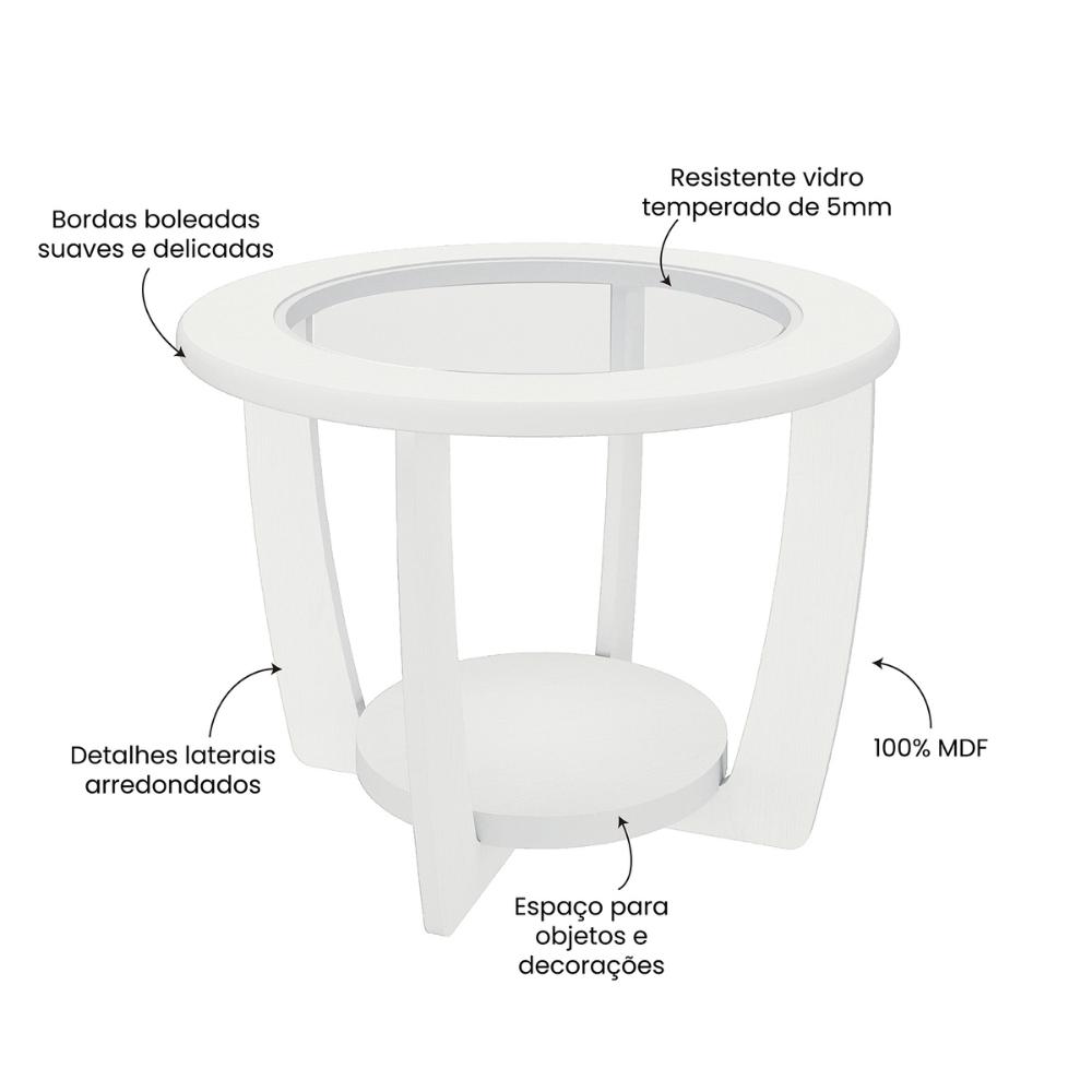 Mesa de Centro Redonda 60cm com Vidro Multimóveis CR45306 Branco