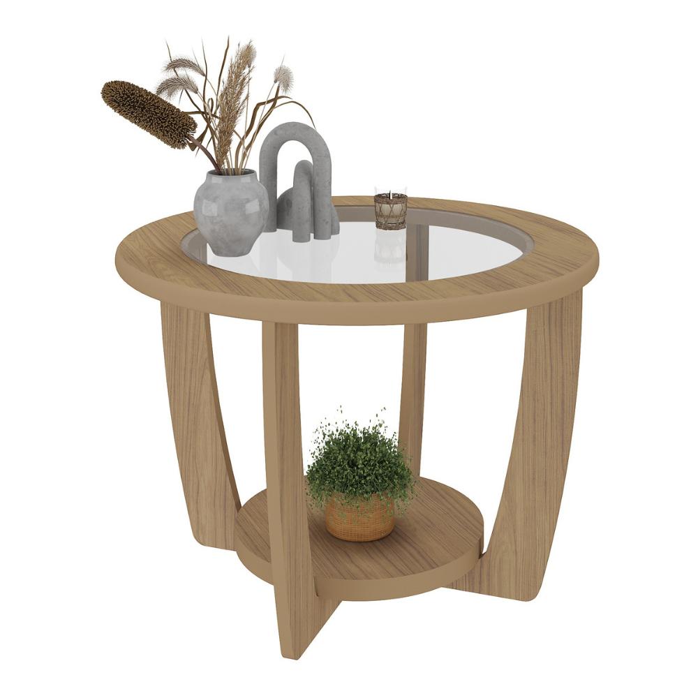 Mesa de Centro Redonda 60cm com Vidro Multimóveis CR45306 Carvalho