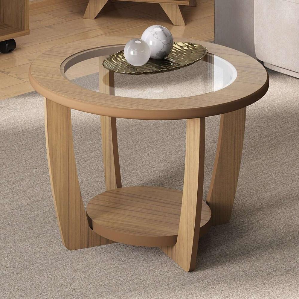 Mesa de Centro Redonda 60cm com Vidro Multimóveis CR45306 Carvalho