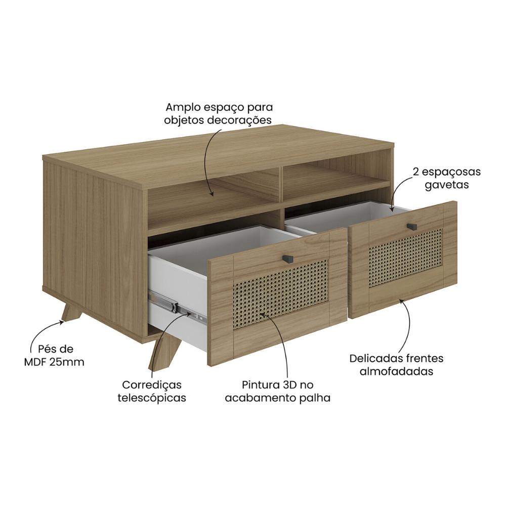 Mesa de Centro Retangular 2 Gavetas 91cm Retrô Multimóveis CR45313 Carvalho