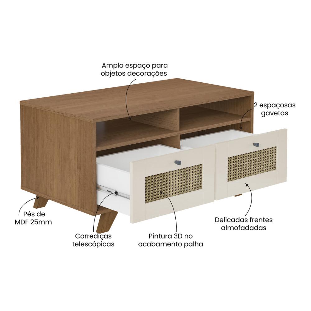 Mesa de Centro Retangular 2 Gavetas 91cm Retrô Multimóveis CR45313 Cinamomo/Off White