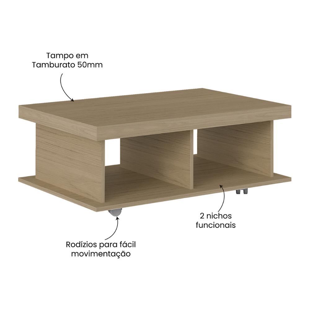 Mesa de Centro Retangular 90cm com Rodízios Multimóveis CR45307 Carvalho