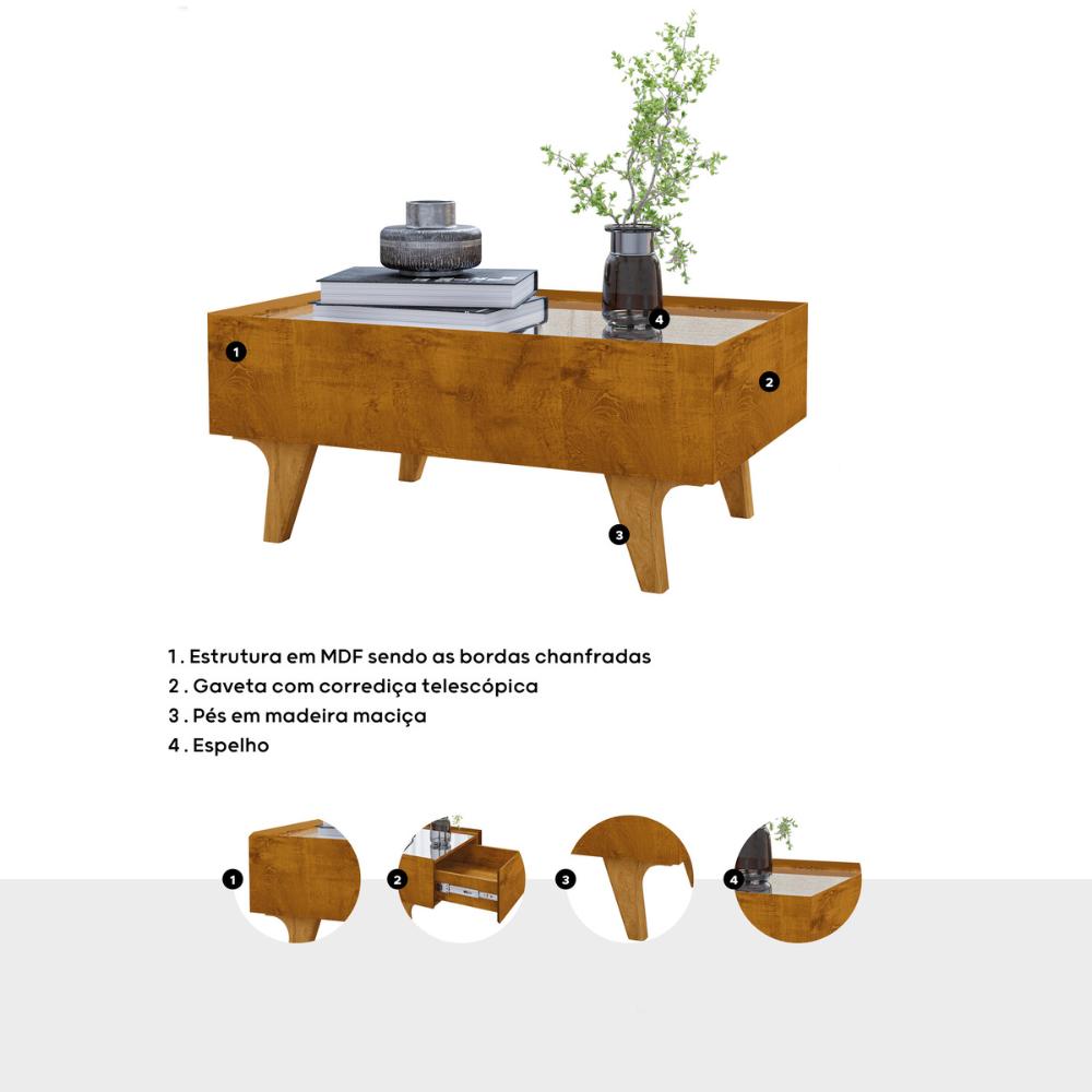Mesa de Centro com Espelho 1 Gaveta e Pés 75cm Multimóveis CR45280 Naturalle