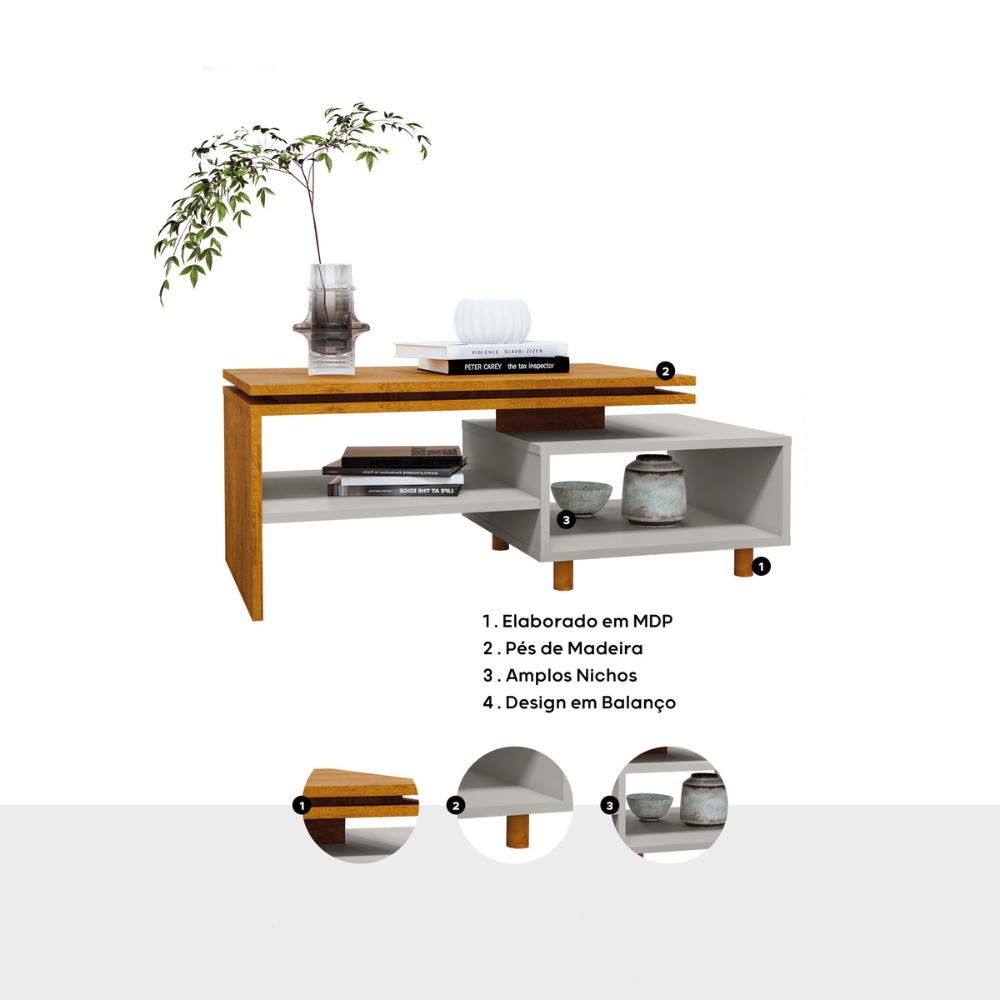 Mesa de Centro com Nichos e Pés 90cm Multimóveis CR45279 Naturalle/Off White