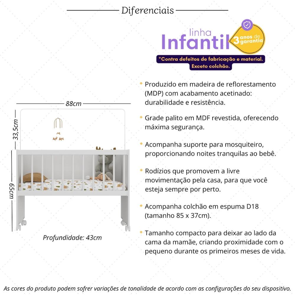 Mini Berço Moisés com Colchão Incluso e Rodízios Multimóveis MP4381C Branco