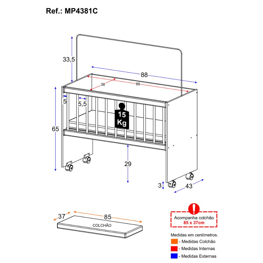 Mini Berço Moisés com Colchão Incluso e Rodízios Multimóveis MP4381C Branco