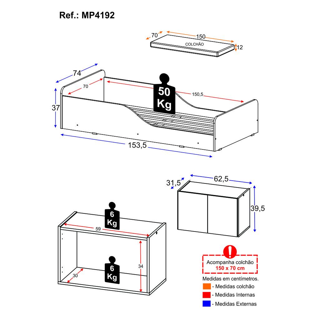 Minicama Montessoriana com Colchão Incluso e Mesa de Cabeceira 2 Portas Multimóveis MP4192 Branca