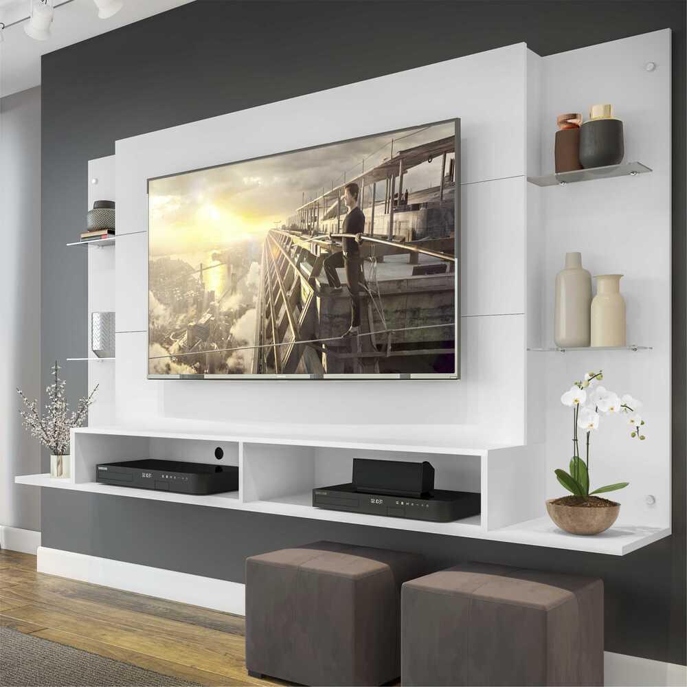 Painel TV 60" c/ Suporte e Prateleiras de Vidro Nairóbi Multimóveis Branco
