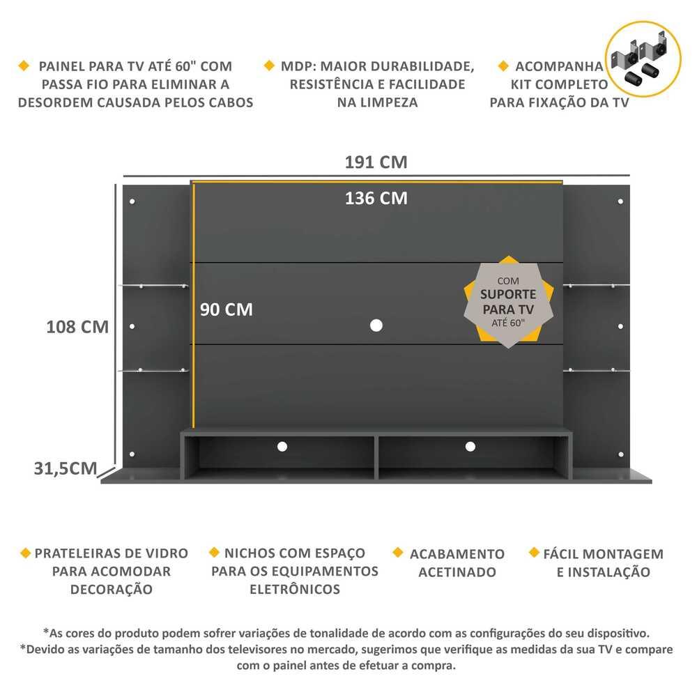 Painel TV 60" c/ Suporte e Prateleiras de Vidro Nairóbi Multimóveis Grafite