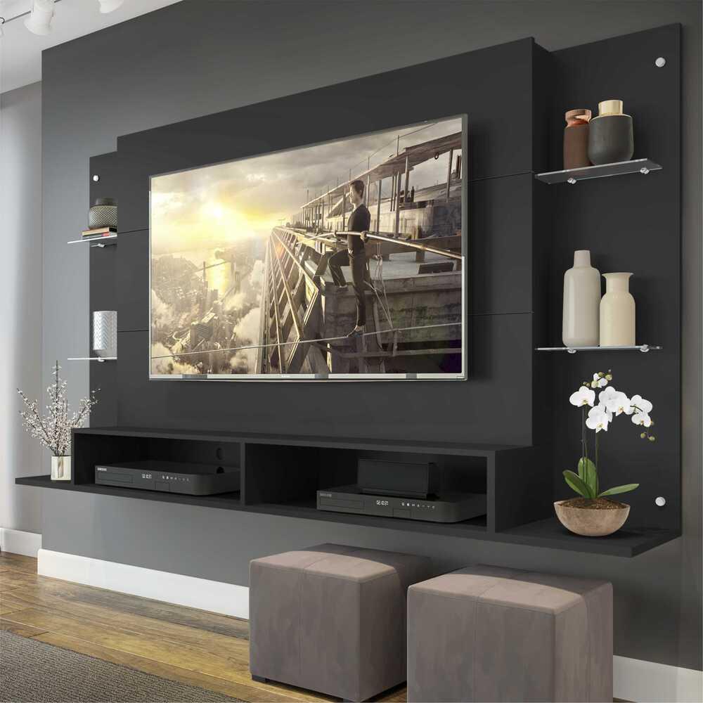 Painel TV 60" c/ Suporte e Prateleiras de Vidro Nairóbi Multimóveis Preto