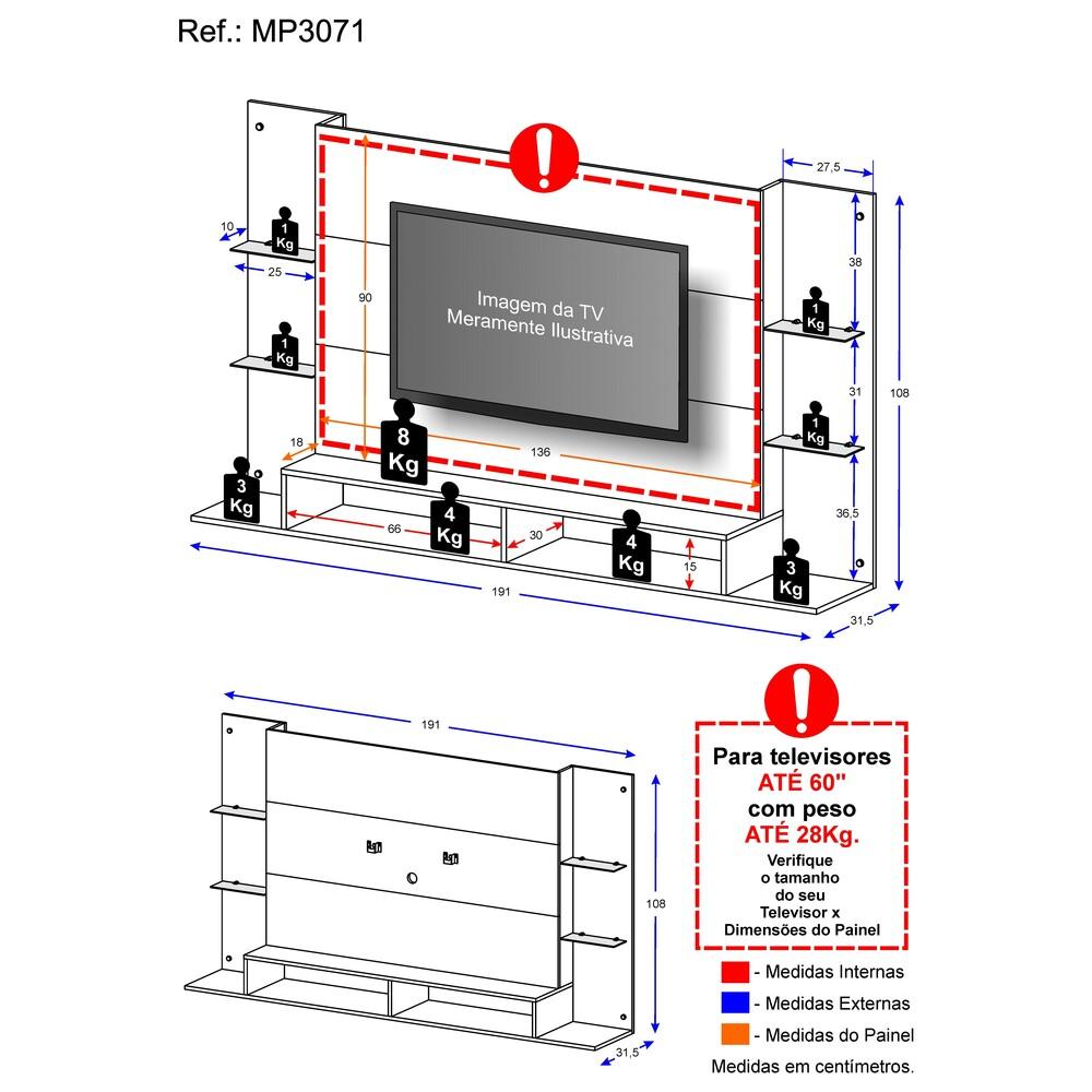 Painel TV 60" c/ Suporte e Prateleiras de Vidro Nairóbi Multimóveis Preto