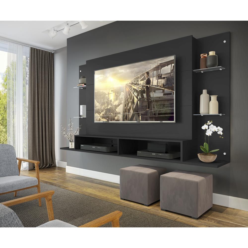 Painel TV 60" c/ Suporte e Prateleiras de Vidro Nairóbi Multimóveis Preto