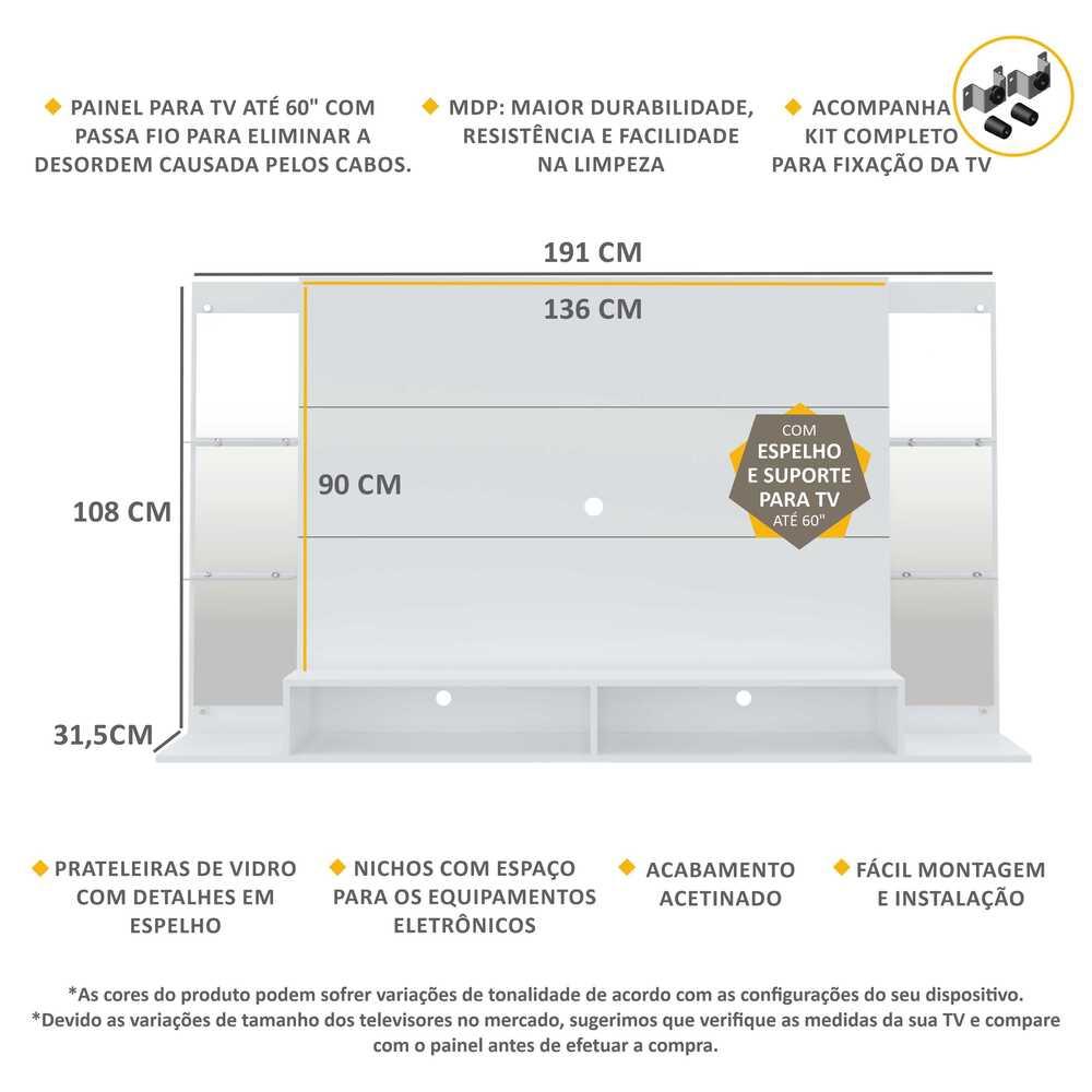 Painel TV 60" c/ suporte, espelho e prateleiras vidro Nairóbi Multimóveis Branco