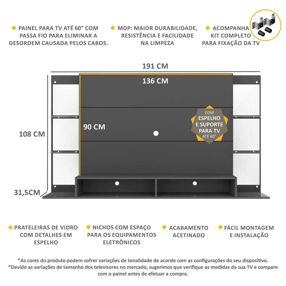 Painel TV 60" c/ suporte, espelho e prateleiras vidro Nairóbi Multimóveis Grafite