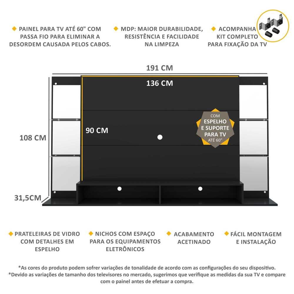 Painel TV 60" c/ suporte, espelho e prateleiras vidro Nairóbi Multimóveis Preto
